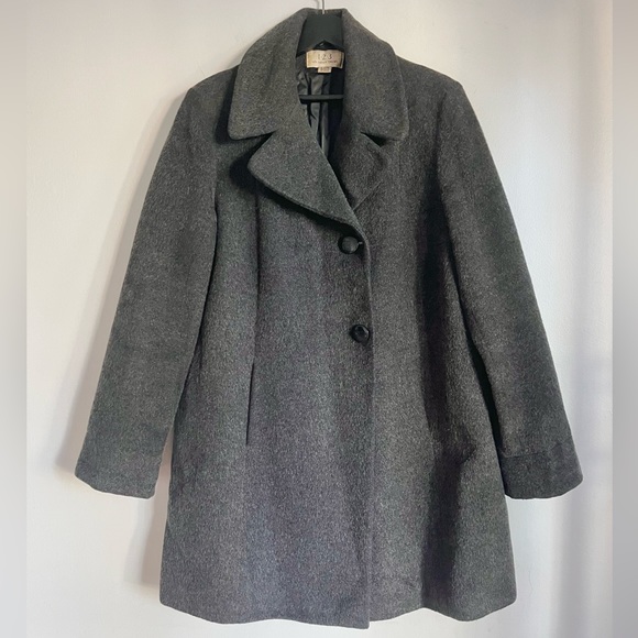 VINTAGE CHARCOAL LUXURY WOOL MOHAIR BLEND  PEA COAT MIDI SHORT MADE IN FRANCE L - Picture 2 of 10